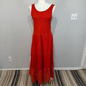J.Crew Dress Women's Medium Orange Maxi Dress Eyelet Trim Tiered Knit Sleeveless